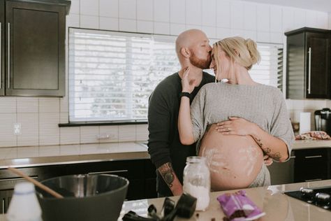 This beautiful couple had a baking themed maternity shoot to welcome in their new baby! Such a precious moment. I love indoor photos. They are a perfect balance of a intimate yet casual moment. . . . . . #fashion #maternity #maternitystyle #maternityphotoshoot #maternitypictures #baby #babybump #familyphotography #photography #aesthetic #indoorphotography #kitchen #cutecouple #coupleportrait #coupleromantic #texas #texasphotofrapher Maternity Shoot In Kitchen, Kitchen Maternity Photos, Half Baked Maternity Photo Ideas, 20 Weeks Half Baked Photo, Maternity Photography Kitchen, Kitchen Pregnancy Photoshoot, Kitchen Maternity Shoot, 20 Week Pregnancy Photos With Husband, Couples Baking Photoshoot