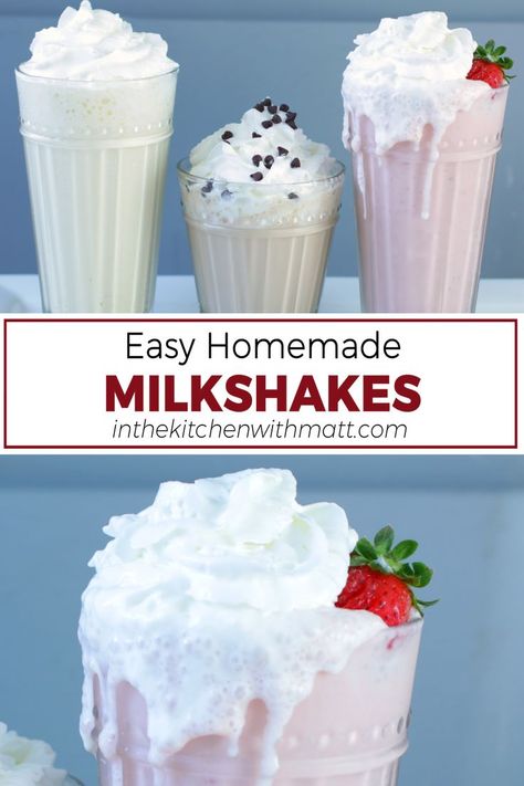 Three homemade milkshakes on a white plate. Easy At Home Milkshakes, Basic Milkshake Recipe, Homemade Strawberry Milkshake, Easy Strawberry Milkshake, Fruit Milkshake Recipe, Best Strawberry Milkshake Recipe, Homemade Milkshake Recipe, Easy Milkshake, Blendjet Recipes