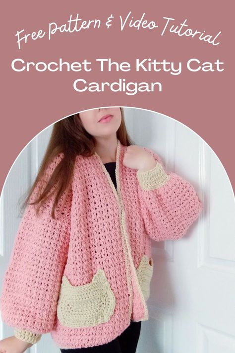 Crochet this easy Cat Cardigan with the free pattern and video tutorial. This crochet project is perfect for beginners, and features the classic V stitch and cat pockets. There is also an hour long video tutorial to help along the way. Free Crochet Plus Size Patterns, Crochet Cardigan Stitches, Crochet Cloth Pattern, Crochet Doll Cardigan Free Pattern, Sweater Pattern Crochet Free, Crochet Free Cardigan Pattern, Long Crochet Cardigan Pattern Free, Crochet Star Cardigan, Free Crochet Ideas