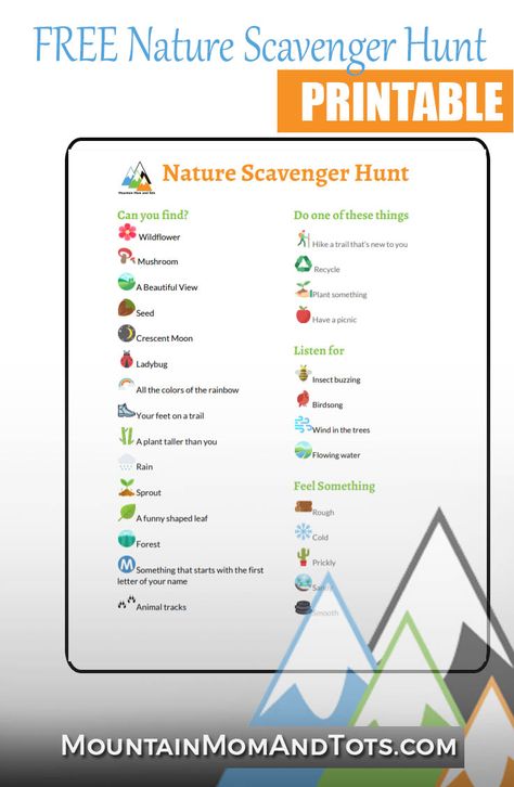 March Into Nature - Monthly Outdoor Challenge - Spring - Nature Activities for Kids - Scavenger Hunt - Toddlers Nature Play - Nature Printable #MountainMomTots Mountain Scavenger Hunt, Ahg Crafts, Classroom Campout, Nature Activities For Kids, Nature Scavenger Hunt Printable, Nature Walk Scavenger Hunt, Wilderness Therapy, Outdoor Challenge, Scavenger Hunt List