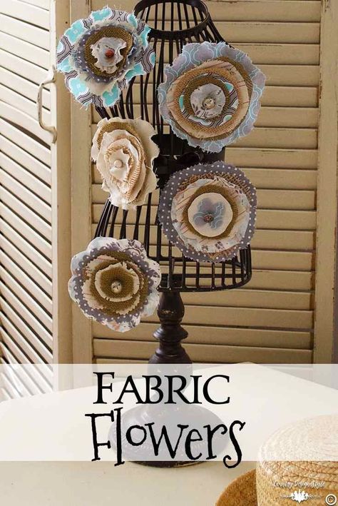 Super easy way to make fabric flowers for home decor or your hair. | Country Design Style | countrydesignstyle.com Brooches Handmade Fabric, Basket Embellishments, Bandana Bows, Make Fabric Flowers, Burlap Diy, Easy Fabric Flowers, Homemade Flowers, Brooch Making, Fabric Flower Pins