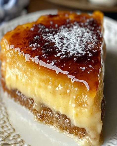 Crème Brûlée Cake – Decadent Custard & Caramel Dessert Cream Brulee Cake Recipe, Large Creme Brulee Recipe, Creme Brûlée Pie, Dessert Recipes French, Holidays Desserts Christmas, Caramel Custard Tart, Bananas Foster Creme Brulee, Baked Custard Recipe Simple, Lemon Creme Brulee Recipe