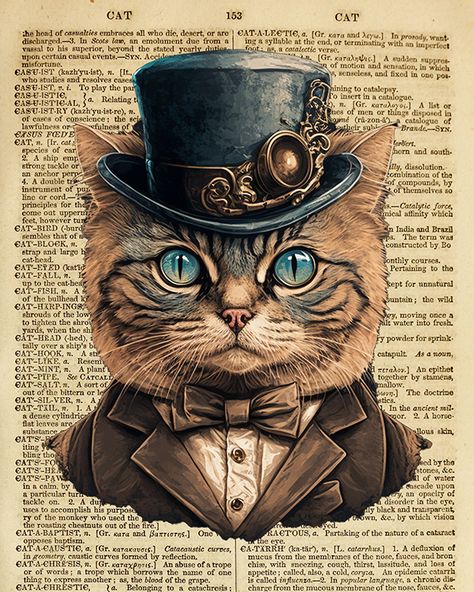 Free Printable Steampunk Cat Dictionary Art Print Vintage Cat Printables, Steampunk Cat Art, Steampunk Printables Free Steam Punk, Free Printable Cat Wall Art, Steampunk Images Free Printable, Free Steampunk Printables, Cat Printables Free, Cat Free Printable, Steampunk Painting