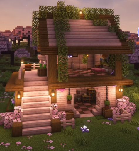 Minecraft Cottage House, Minecraft Staircase, Minecraft Cabin, Cherry Blossom House, Mc Houses, Minecraft Small House, Mc House, Minecraft Starter House, Cottage Minecraft