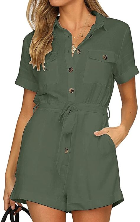 Amazon.com: Vetinee Women's Green Summer Pockets Belted Romper Buttons Short Sleeve Jumpsuit Playsuit Small (US 4-6): Clothing Button-up Jumpsuits And Rompers With Buttoned Pockets For Spring, Casual Summer Button-up Jumpsuits And Rompers, Chic Button-up Jumpsuits And Rompers With Pockets, Summer Button-up Jumpsuits And Rompers With Buttoned Pockets, Safari Clothing, Long Overalls, Beach-ready Short Sleeve Jumpsuits With Button Closure, Army Green Shorts, Cargo Jumpsuit