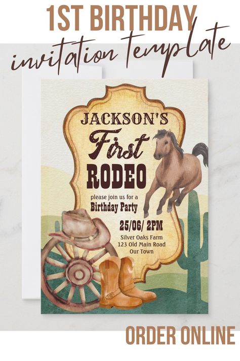 First rodeo cowboy birthday party invitation template. Cowboy boots, hat, wheel and a galloping horse for cowboys horses themed birthday party Birthday Horse Theme, Cowboy Birthday Party Invitations, Cowboy Party Invitations, Birthday Horse, Rodeo Birthday Parties, 1st Birthday Invitation Template, Rodeo Party, Galloping Horse, Cowboy Birthday Party