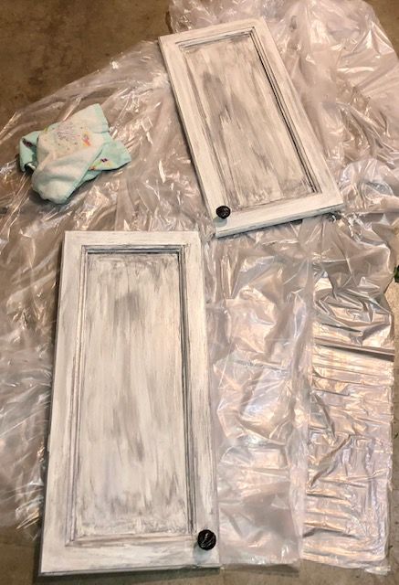 DIY Cabinet Painting and Glazing Glazing Kitchen Cabinets Diy, Gray Glazed Kitchen Cabinets, Distressed Kitchen Cabinets Diy, Diy Cabinet Painting, Valspar Antiquing Glaze, Painting Cabinets Diy, Distressed Kitchen Cabinets, Grey Painted Kitchen, Chalk Paint Kitchen Cabinets