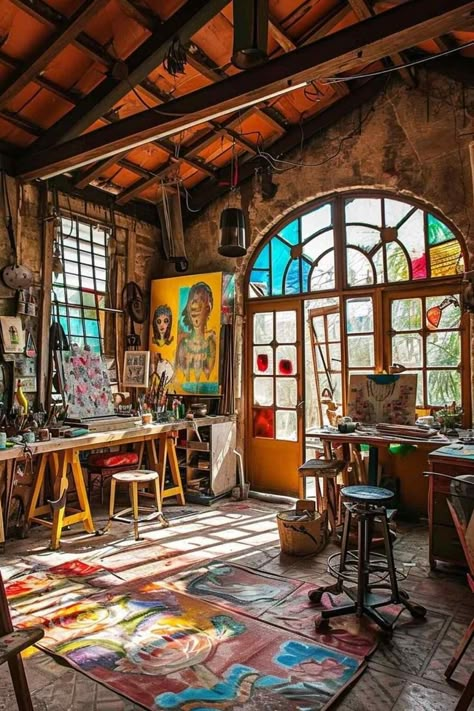 Art Studio Colorful, Drawing Studio Workspaces, Gothic Art Studio, Artist Studio Workspaces, Art Workshop Studio, Art Studio Shed, Art Studio Inspiration, Art Studio Aesthetic, Shed Art