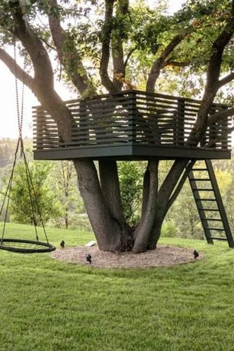 Modern Treehouse Kids, Tree House With Swings, Treehouse Roof Ideas, Low Tree House, Platform Treehouse For Kids, Easy Diy Treehouse, Kids Treehouse Ideas, Treehouse For Adults, Simple Treehouse