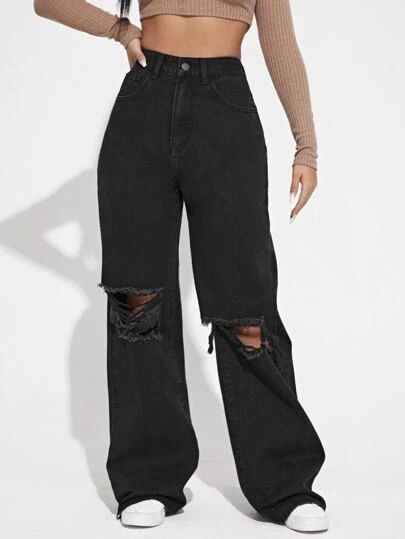 Black Baggy Jeans Ripped, Black Distressed Wide Leg Jeans Outfit, Mommy Jeans Outfit Black Women, Black Wide Leg Ripped Jeans Outfit, Black Jeans Shein, Black Ripped Jeans Baggy, Black Jeans Styling, Black Torn Jeans Outfit, Black Baggy Ripped Jeans