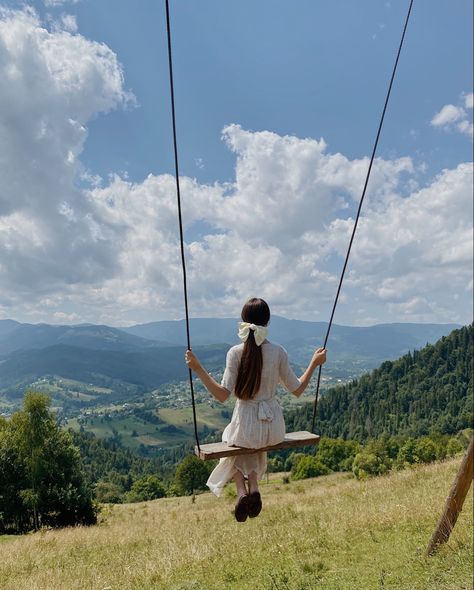 #bow #aesthetic #mountains #swing Swings In Forest, Swings Reference, Aesthetic Swingset, Swings Photography, Swinging Aesthetic, Bow In Hair, Crispy Rolls, Aesthetic Mountains, Human Back