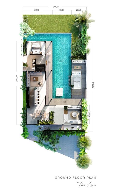 Small Villa Floor Plan Layout, Tropical Villa Plan, Tropical Villa Floor Plan, Pool Villa Design Architecture, Tropical House Plans Layout, Villa Layout Plan Design, One Floor Villa Design, Tropical House Layout, Small Villa Floor Plan