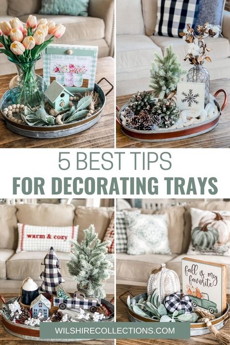 Decorating Trays Ideas, Metal Tray Decor Ideas, How To Decorate A Tray, Table Tray Decor Ideas, Metal Tray Decor, Decorating Trays, Winter Tray, Christmas Tray Decor, Table Tray Decor