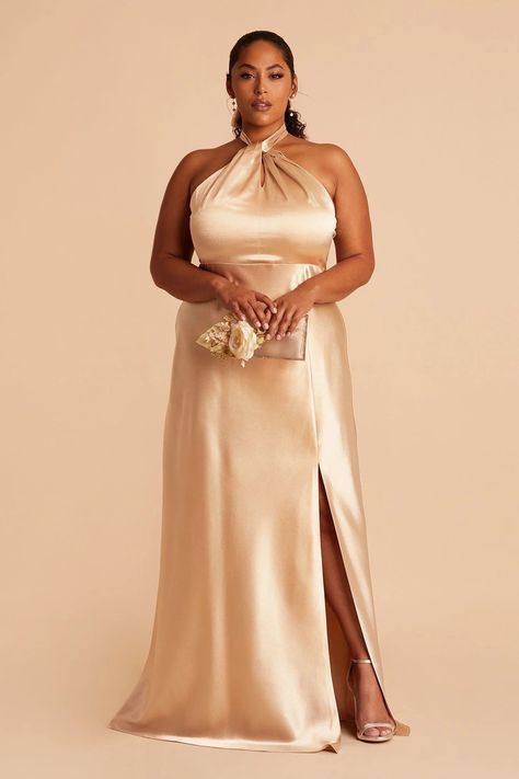 Gold satin halter neck gown #motherofthebride #wedding #bridesmaid Gold Bridesmaid Dress, Metallic Bridesmaid Dresses, Gold Dress Short, Gold Sequin Gown, Monica Dress, Satin Gowns, Wedding Roles, Satin Bridesmaid Dress, Gold Bridesmaid Dresses