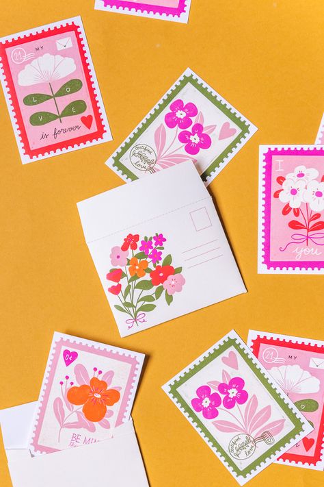 New Printable Valentines from Artists We Love - The House That Lars Built Flower Card Ideas, Mail Illustration, Stamp Illustration, Cards Illustration, Valentine Stamps, Valentines Illustration, 달력 디자인, Printable Valentines, 카드 디자인