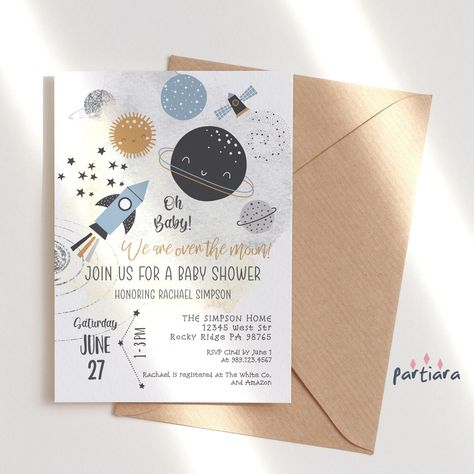 "Baby Space Party Boy Baby Shower Invite Over the Moon Baby Sprinkle Invitation Printable Charcoal Blue Decor Editable Digital Download P166 NOTE - THE HEADER IS NOT EDITABLE ★★ MATCHING ITEMS ★★ To see more items from this collection https://etsy.me/3uREm3j TRY THE FREE DEMO BEFORE YOU BUY! Copy and paste the URL into your browser to demo - https://www.corjl.com/d/2JDH5L A sweet 5 x 7\" invitation template for self-editing, downloading and printing. You will be able to edit your Template straig Kids Birthday Party Themes Boy, Space Birthday Invitation, Outer Space Party, Moon Baby Shower, Moon Party, Space Birthday Party, 2nd Birthday Invitations, Baby Shower Invitaciones, Boy Birthday Invitations