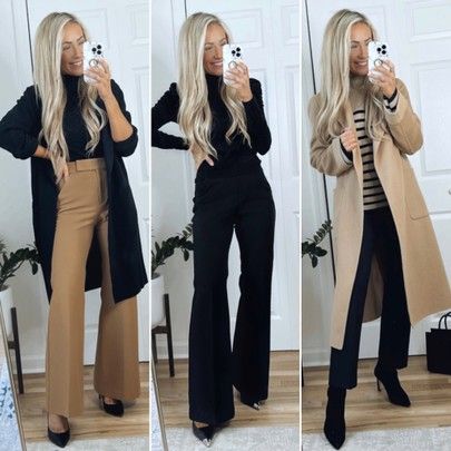 Black Pants Tan Sweater Outfit, Black Blazer Tan Pants Outfit, Black Bell Pants Outfit, Wrap Sweater Outfit, Black Pants Work Outfit, Tan Sweater Outfit, Bell Pants Outfit, Cardigan Outfit Work, Tan Pants Outfit