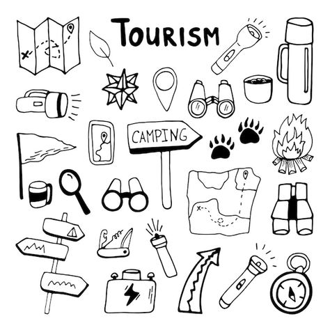 Premium Vector | Hand drawn set of travel doodle tourism and summer adventure Roadtrip Doodle, Adventure Illustration Exploring, Traveling Doodles, Adventure Doodles, Nutrition Brochure, Fitness Doodles, Bullet Journal Vacation, Doodles Travel, Doodle Travel