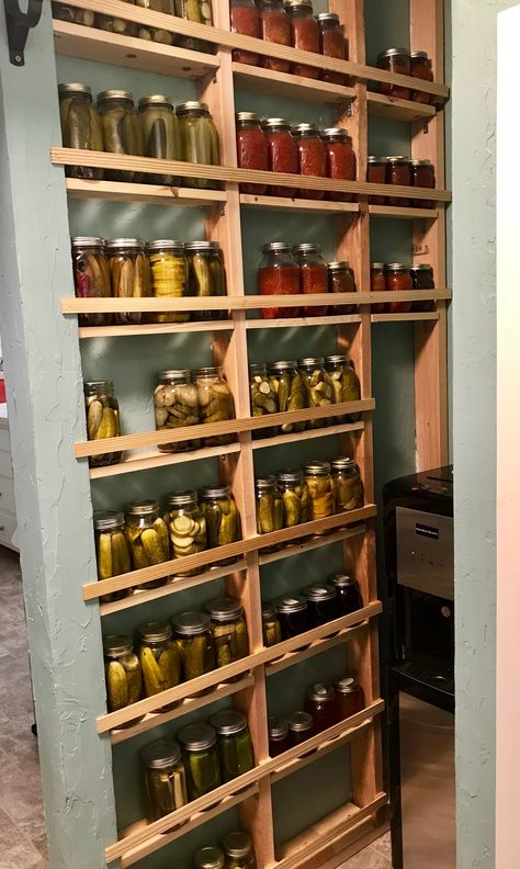 Canning storage DIY Shelving w/in pantry wall studs that will fit up to 70 quart jars.  HUGE space saver! Pantry With Canning Jars, Pantry Shelving Ideas Canning Jars, Canning Jar Wall Storage, Small Canning Pantry, Pantry In Wall Studs, Pantry And Storage Room, Canning Shelves Diy Pantry, Pantry Shelves For Canning Jars, Shelving For Canning Jars