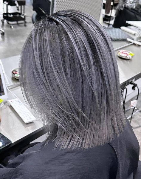 Gray Lob with Bluish Midshaft Ashy Grey Highlights, Brown And Gray Hair, Platinum Silver Hair Color, Dark Grey Hair Color, Dark Silver Hair, Silver Hair Shampoo, Grey Silver Hair, Dark Gray Hair, Silver Blue Hair