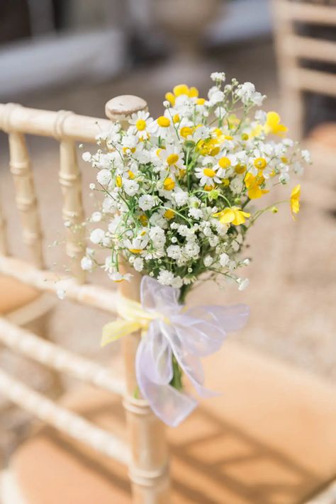 Vintage Combe House Hotel Wedding - Daisies & Dog Ring Bearer Wedding Aisle Flowers On Chairs, Ceremony Chair Flowers, Daisy Wedding Decor, Chair Flowers Wedding, Aisle Chair Flowers, Daisy Wedding Decorations, Wedding Aisle Florals, Chairs With Flowers, Aisle Flowers Wedding