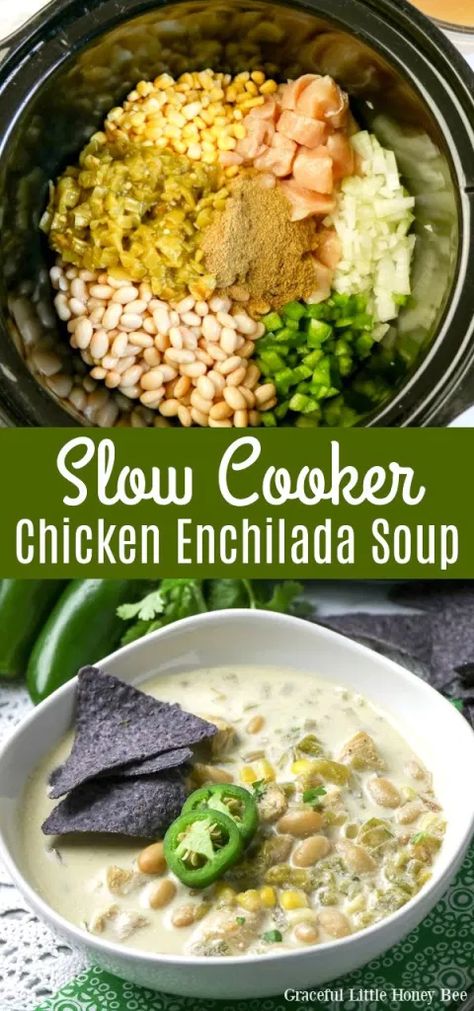 Try this Slow Cooker Chicken Enchilada Soup made with white bean, green chilies and corn. Find full recipe details at gracefullittlehoneybee.com #slowcooker #soup #enchilada #chicken Crockpot Green Enchilada Chicken Soup, Soup Enchilada, Enchilada Soup Crockpot, Thm Crockpot, Soup Made With Chicken, February Meals, Frugal Dinners, Slow Cooker Chicken Enchilada Soup, Corn Enchiladas