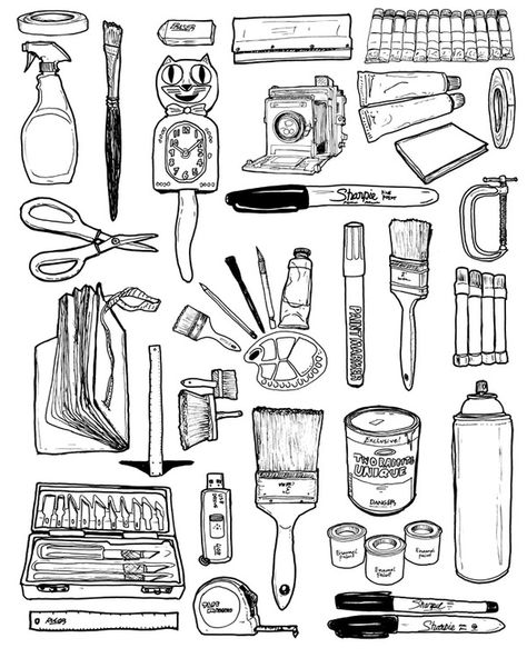 Art Supplies Sketching, Doodles Of Art Supplies, Art Equipment Drawing, Art Supplies Drawing Doodles, Drawings Of Art Supplies, Art Supply Doodles, Art Supplies Drawing Sketches, Art Supplies Clipart, Art Supply Tattoo