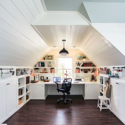 Renovated Attic Playroom- Office-Craft Room by Unskinny Boppy-7 Attic Home Office, Attic Office Ideas, Diy Craft Room Ideas, Craft Room Ideas, Attic Office, Slanted Walls, Attic Renovation Ideas, Finished Attic, Attic Playroom