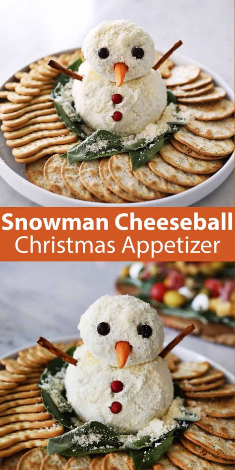 Snowman Cheese Ball - A Beautiful Mess Garlic Cheese Snowflake, Cheese Ball Recipes Snowman, Cheese Snowman Appetizer, Snow Man Cheeseball, White Cheese Ball, Snowman Cheeseball Recipe, Snowman Appetizers, Snowman Cheeseball Christmas, Cheese Ball Snowman