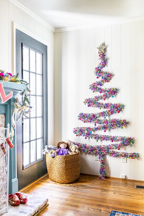 Christmas Playroom, Small Space Christmas Tree, Christmas Wall Decor Diy, Wall Mounted Christmas Tree, Wall Hanging Christmas Tree, Diy Christmas Wall, Wall Christmas Tree, Christmas Decorations Cheap, Alternative Christmas