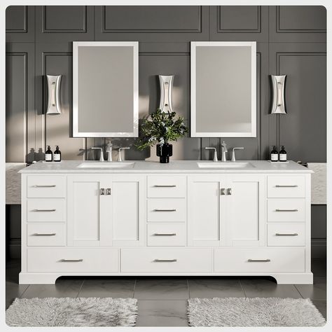 The Eviva Storehouse bathroom vanity adds a beautiful, contemporary style to any bathroom. This bathroom vanity has immense storage that will help you keep your bathroom neat and organized. White Carrara Quartz, Carrara Quartz, Carrara Marble Countertop, Vanity Accessories, Porcelain Sink, Double Sink Vanity, Double Sink Bathroom, White Vanity Bathroom, Double Sink Bathroom Vanity