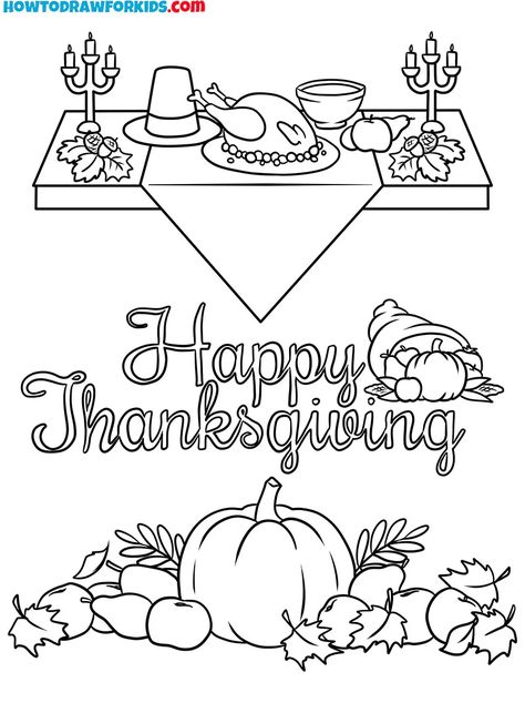 Thanksgiving Day Coloring Pages - Easy Drawing Tutorial For Kids Thanksgiving Pencil Drawings, Thanksgiving Table Drawing, Thanksgiving Drawings Doodles, Easy Thanksgiving Drawings, Thankful Drawing, Thanksgiving Drawings Easy, Thanksgiving Sketches, Thanksgiving Drawing Ideas, Thanksgiving Pictures To Color