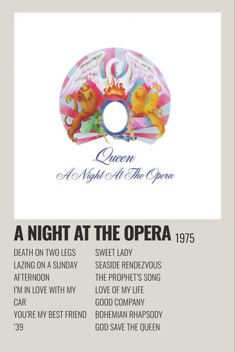 Queen Album Covers, Album Cover Wall Decor, Queen Albums, Night At The Opera, Minimalist Music, Music Poster Ideas, Queen Poster, A Night At The Opera, Youtube Videos Music Songs