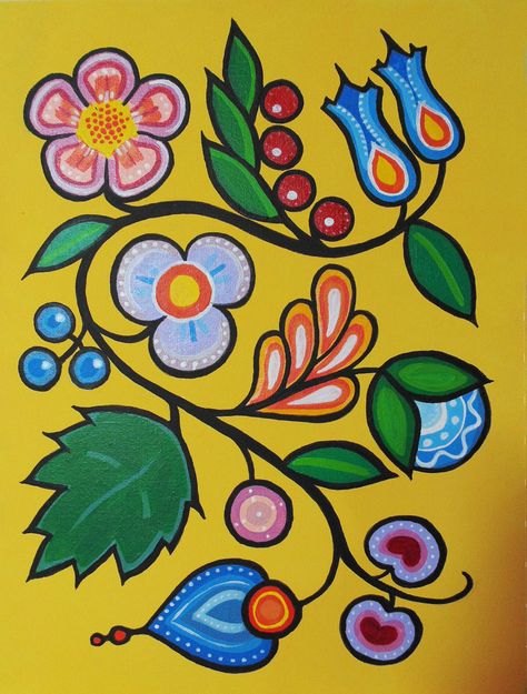 Woodlands Floral #1 - Ode'imin 2016  12x16 SOLD Cree Floral Design, Ojibwe Floral Design Beadwork, Floral Beadwork Patterns, Woodland Art Native, Indigenous Floral Designs, Native Floral Designs, Native Designs Pattern, Ojibway Floral Patterns, Ojibwe Floral Design Patterns