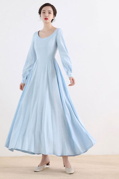 Linen Dress – Page 4 – XiaoLizi Medieval Dress Blue, Long Dress Modest, Blue Dress Long, Long Wool Skirt, Long Sleeve Bridesmaid Dress, Tailored Clothes, Dress Modest, Marine Uniform, Chiffon Dress Long