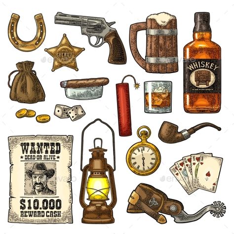 Set with Wild West and Casino Symbols Wild West Clip Art, Wild West House, Cowboy Symbols, Wild West Illustration, Wild West Tattoo, Wild West Art, Sheriff Star, Western Games, Wild West Theme