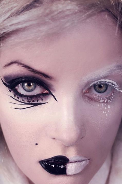 Girls face half Black &  half white makeup Color Guard Makeup, White Eyeliner Makeup, Black And White Makeup, Theatre Makeup, Theatrical Makeup, White Eyeliner, White Makeup, Goth Makeup, Stage Makeup