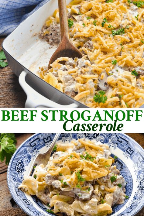 All of the flavors that you love from the traditional dish come together in this cozy and hearty Beef Stroganoff Casserole! A cream of mushroom and sour cream sauce made with ground beef and mushrooms is layered with buttered egg noodles and topped with crispy fried onions. Bake everything in one dish for an easy, satisfying dinner that the whole family can agree on! Ground Beef And Mushrooms, Stroganoff Casserole Recipe, Buttered Egg Noodles, Beef Stroganoff Casserole, Stroganoff Casserole, Beef And Mushrooms, Hamburger Stroganoff, Crispy Fried Onions, Sour Cream Sauce