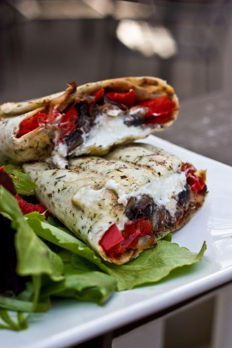 Wowww..Yummy!!! Grilled Portobello Mushroom and Roasted Red Pepper Goat Cheese Wrap. Goat Cheese Wrap, Roasted Red Pepper Goat Cheese, Red Pepper Goat Cheese, Roasted Red Bell Pepper, Grilled Portobello, Cheese Wrap, Roasted Red Pepper, Portobello Mushroom, Think Food