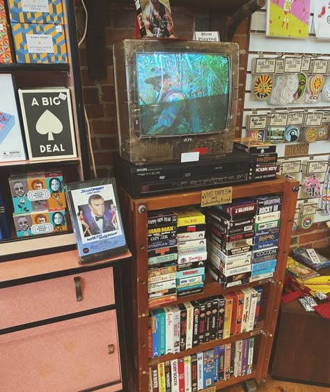 Vhs Collection Display, Vhs Tv Aesthetic, Vhs Display, Geek Aesthetic, House Lobby, Retro Rooms, Location Design, Crt Tv, Lobby Decor