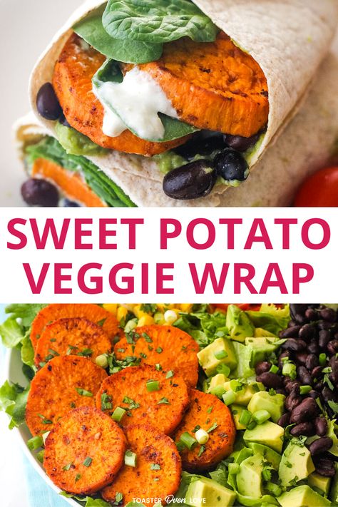 Veggie wrap and bowl of salad topped with sweet potato rounds, diced avocado, and black beans. Sweet Potato Lettuce Wraps, High Protein Veggie Wraps, Roasted Veggie Wraps, Sweet Potato For Lunch, Healthy Veggie Wraps, Pita Wraps Vegetarian, Sweet Potato Wraps, Easy Vegetarian Wraps, Vegetarian Lunch Wraps