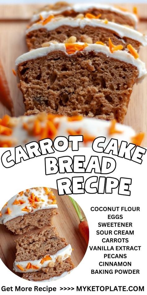 Learn how to make the ultimate keto carrot cake bread—moist, fluffy, and topped with a creamy cream cheese frosting. This sugar-free carrot cake bread, made with coconut flour, is a family favorite and perfect for any special occasion. With a delightful hint of cinnamon and nutmeg, and a generous layer of cream cheese frosting, this gluten-free carrot cake bread is sure to become your go-to dessert. Carrot Bread Recipe Moist, Carrot Cake Bread Recipe, Coconut Flour Carrot Cake, Carrot Cake Loaf Recipe, Carrot Bread Recipe, Keto Carrot Cake, Coconut Flour Cakes, Carrot Cake Bread, Sugar Free Carrot Cake