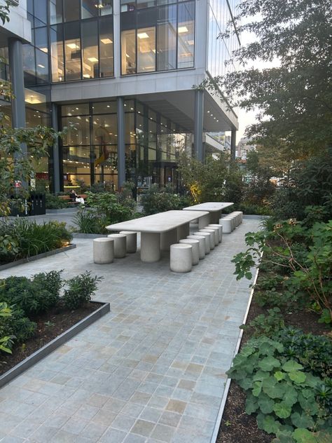 Spitalfields London, outdoor seating in a public outdoor space Outdoor Seating Ideas Public, Spitalfields London, Travel Lounge, Courtyard Ideas, Courtyard Gardens, Courtyard Gardens Design, Courtyard Design, Public Seating, Arch Design