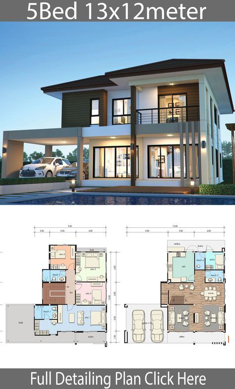 House design plan 13x12m with 5 bedrooms. Style Modern Tropical House description: Number of floors 2 storey house bedroom 4 rooms toilet 3 rooms maid's ro Pelan Rumah Kecil, Pelan Lantai Rumah, Villa Tugendhat, Bilik Tidur Mewah, Reka Bentuk Bilik Tidur, Rumah Moden, 5 Bedroom House Plans, Pelan Rumah, Eksterior Modern