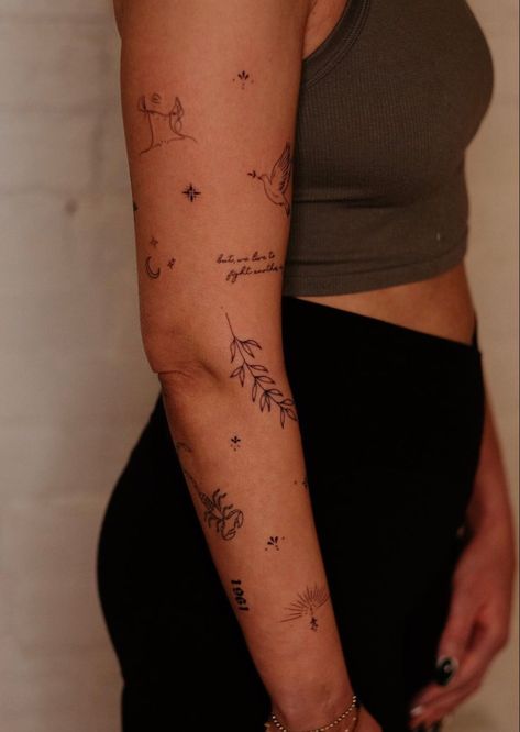 Minimalist Patchwork Sleeve, Fine Line Tattoo Ideas Sleeve, Patchwork Tattoo Dainty, Minimal Arm Tattoos, Patch Arm Tattoos, Minimal Sleeve Tattoo, Dainty Arm Sleeve Tattoo, Sticker Arm Tattoo, Dainty Patchwork Tattoo