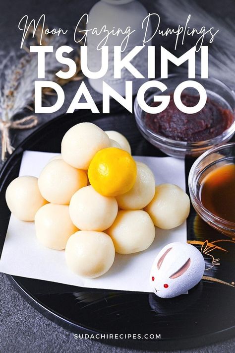 Tsukimi dango (moon gazing dumplings) arranged into a pyramid and served on a black tray with red bean paste, mitarashi sauce and a decorative white rabbit. Mitarashi Dango Recipe, Mochi Dumplings, Ghibli Recipes, Wagashi Recipe, Dango Recipe, Steam Food, Japan Dessert, Rice Dumpling, Japanese Dessert Recipes