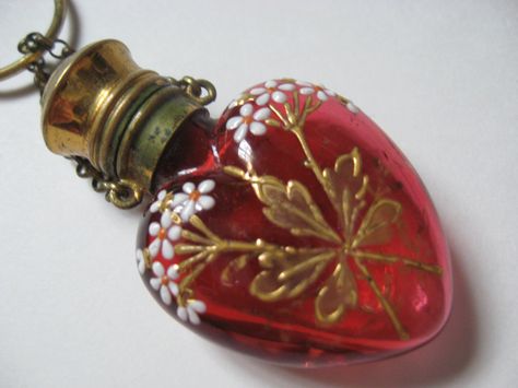 Antique 1800s VICTORIAN Red Glass Heart  Gold Enamel Floral Spray CHATELAINE Perfume Poison Flacon Bottle PENDANT Perfume Vintage, Lizzie Hearts, Antique Perfume Bottles, Beautiful Perfume, Antique Perfume, Floral Spray, Scent Bottle, Vintage Perfume Bottles, Funky Jewelry