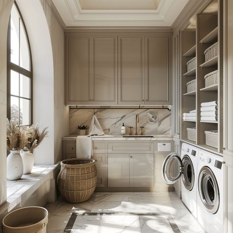 California Laundry Room, Amber Lewis Laundry Room, Light Wood Laundry Room, Combined Laundry And Mudroom, Greige Laundry Room, Laundry Room Tall Ceilings, Laundry Room Design Modern Luxury, Laundry Room Cabinet Design, Laundry Room With Desk Area