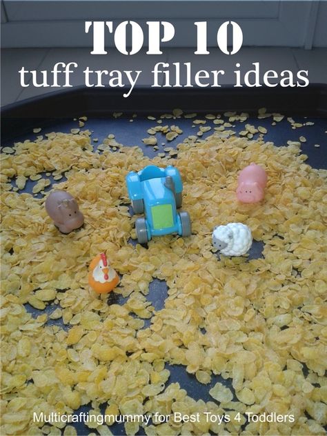 Top 10 Tuff Tray Filler Ideas, part of Less Toys. More Play series. Including ideas using cereal, shaving foam, water, dinosaurs and teddy bears. Trough Tray Ideas, Tuft Tray Ideas, Tuff Tray Ideas Preschool, Water Dinosaurs, Kids Crafts Toddlers, Tuff Tray Ideas Toddlers, Tuff Tray Ideas, Thanksgiving Crafts For Toddlers, Filler Ideas