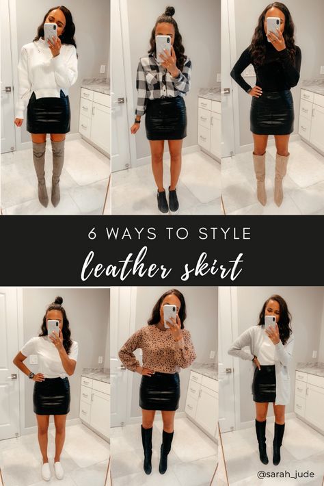 A faux leather skirt makes a great transition piece into fall! Sharing 6 easy ways to style your classic leather or black mini skirt this season. All product details are linked below ☺️ #styleblogger #styleshare #fallfashion Leather Skirt Shoes Outfit, High Waisted Leather Skirt Outfit, Black Leather Skirt Fall Outfit, Leather Skirt Nye Outfit, Winter Outfit Leather Skirt, Leather Skirt And Bodysuit Outfit, Black Winter Skirt Outfit, Black Faux Skirt Outfit, Leather Look Skirt Outfit